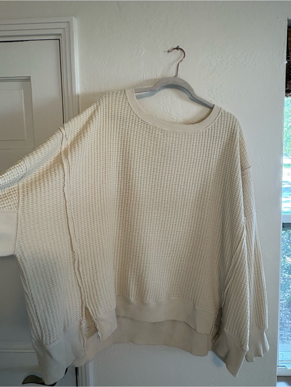 American Eagle Outfitters Cream Waffle-Knit Crew Sweater, Size XL
